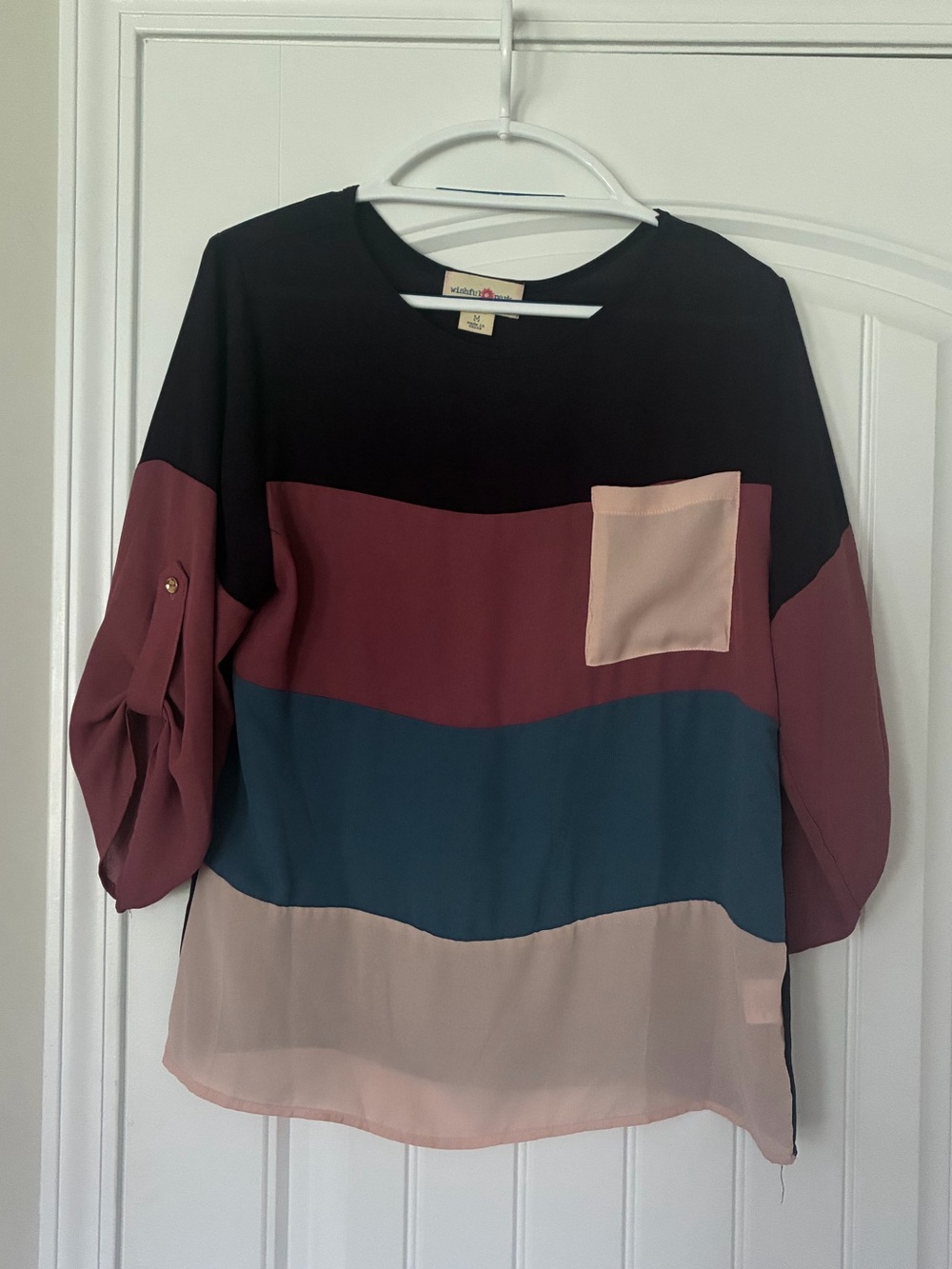 Colorblock Round-Neck Blouse with Pocket